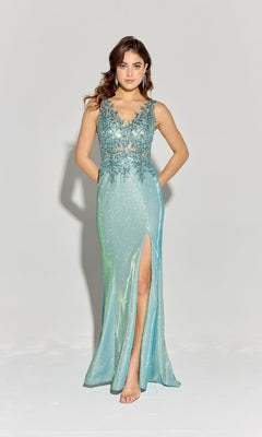 A woman stands against a plain light background wearing the Eureka 9810 Lace-Bodice Long Glitter Prom Dress, a shimmering light blue gown with floral appliqué details and a thigh-high slit.