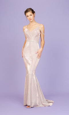 A woman models the Long Prom Dress: Eureka 9811, a sparkly mermaid gown with thin straps and beading, against a plain lavender background.