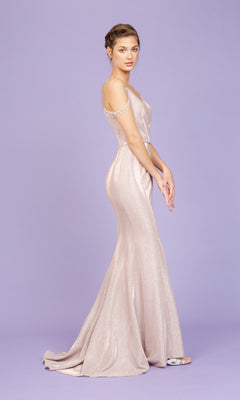 A woman poses sideways in the Long Prom Dress: Eureka 9811, featuring thin straps and a fitted mermaid silhouette, against a solid lavender background.