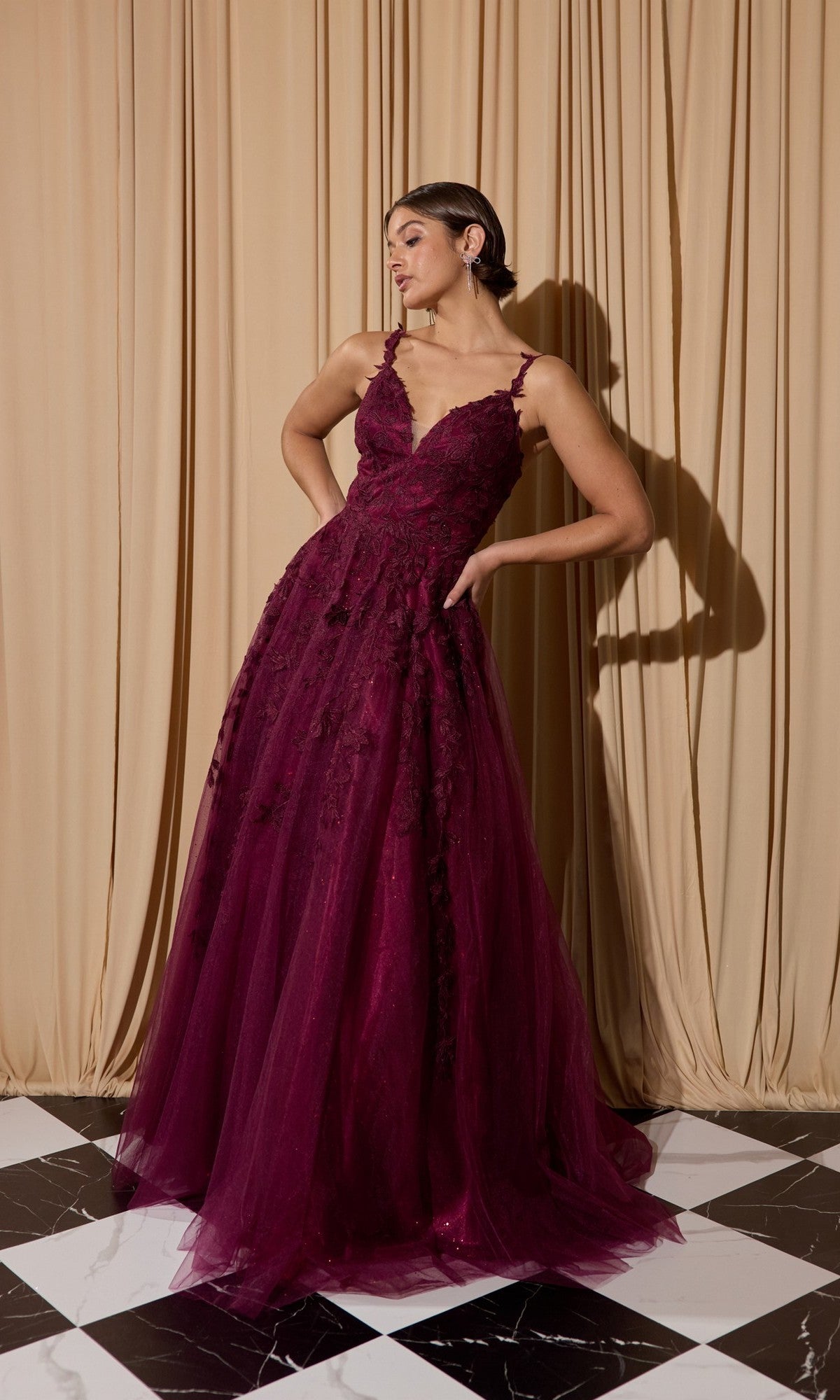 V-Neck Long A-line Prom Dress with Embroidered Lace– PromGirl