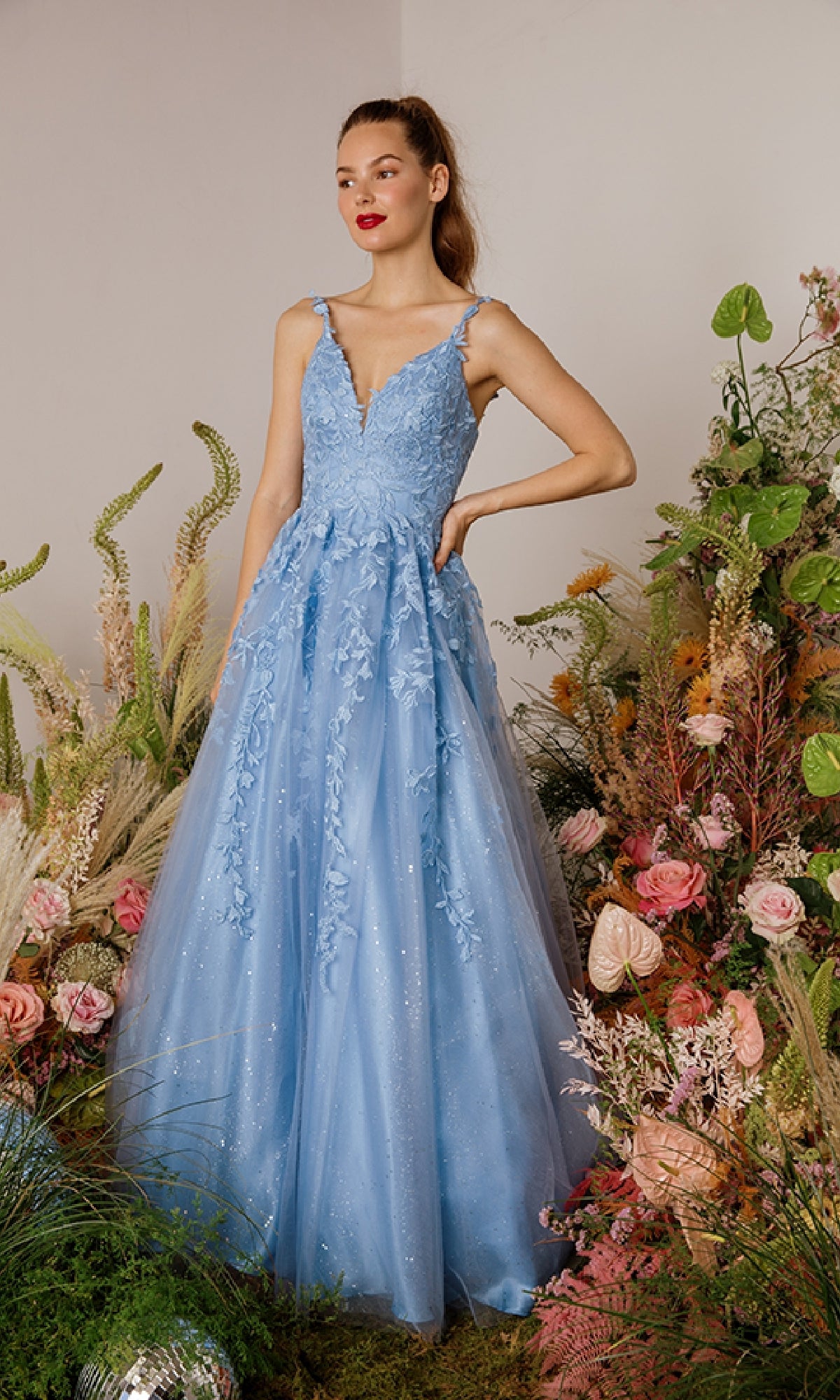 V-Neck Long A-line Prom Dress with Embroidered Lace Berry / 3XLarge V-Neck Long A-line Prom Dress with Embroidered Lace Berry / 3XLarge