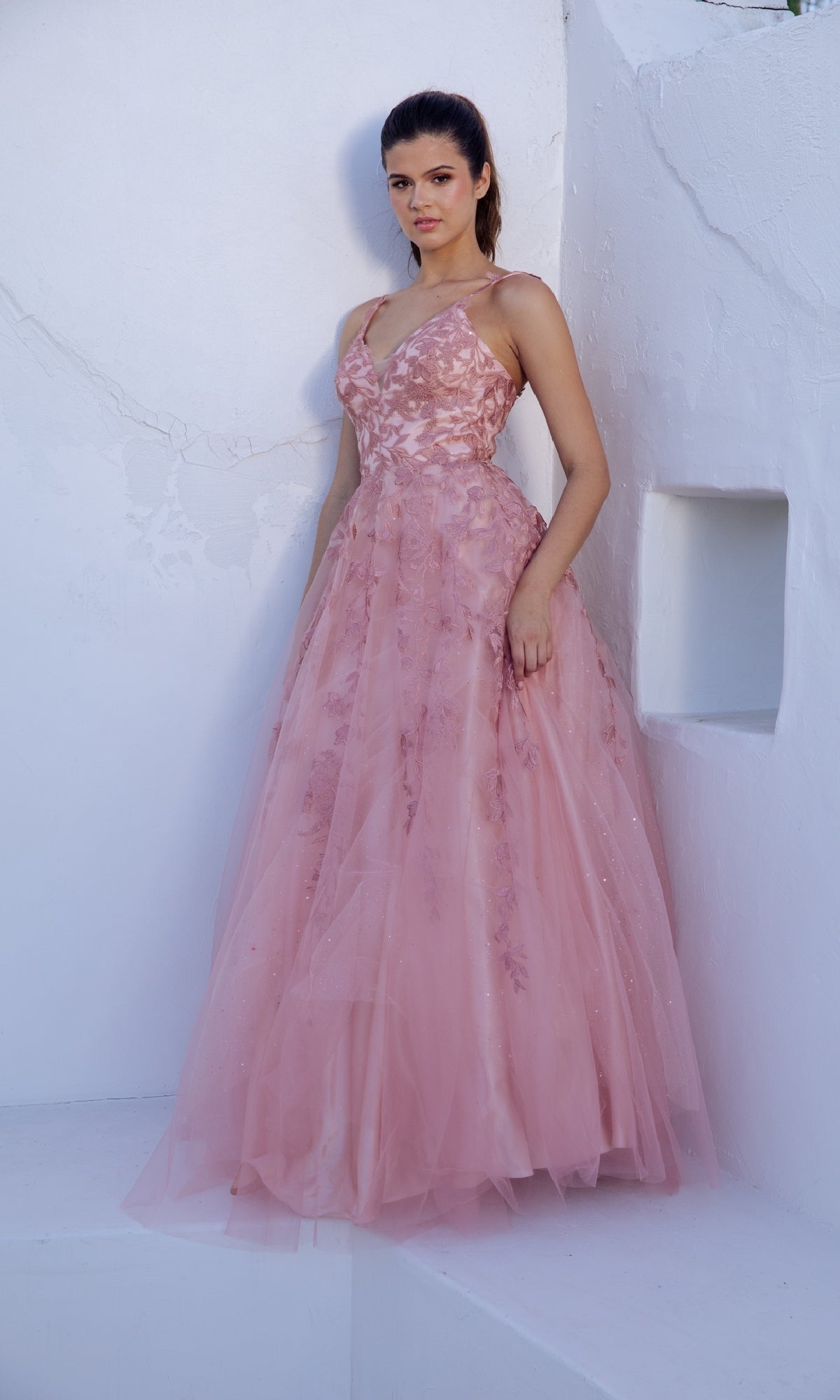 V-Neck Long A-line Prom Dress with Embroidered Lace PromGirl V-Neck Long A-line Prom Dress with Embroidered Lace PromGirl