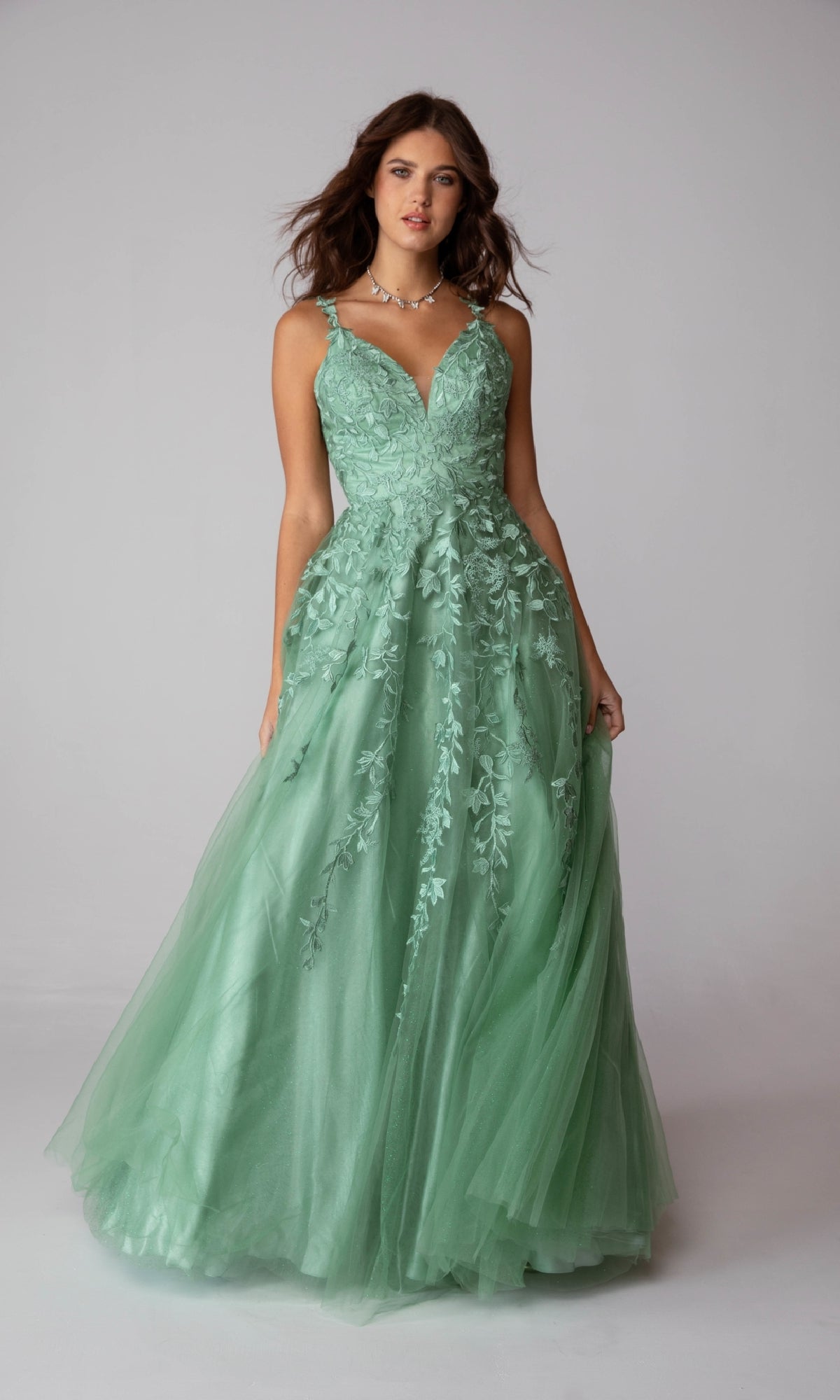 V-Neck Long A-Line Prom Dress with Embroidered Lace Sage / Large