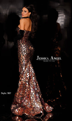 A woman in the Long Pink Sequin Prom Dress (Jessica Angel 987) poses with her back turned. Text reads "Jessica Angel, Made in USA.