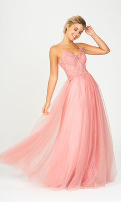A woman models the Eureka 9901 Lace-Up Long Glitter Prom Ball Gown, featuring a lace bodice and tulle skirt, against a plain white background.