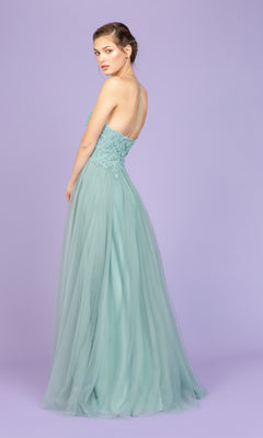 A woman stands against a lavender background, looking over her shoulder in the Lace-Bodice Long Glitter Prom Dress (Eureka 9902), featuring a light teal A-line silhouette with a lace bodice and flowing tulle skirt.