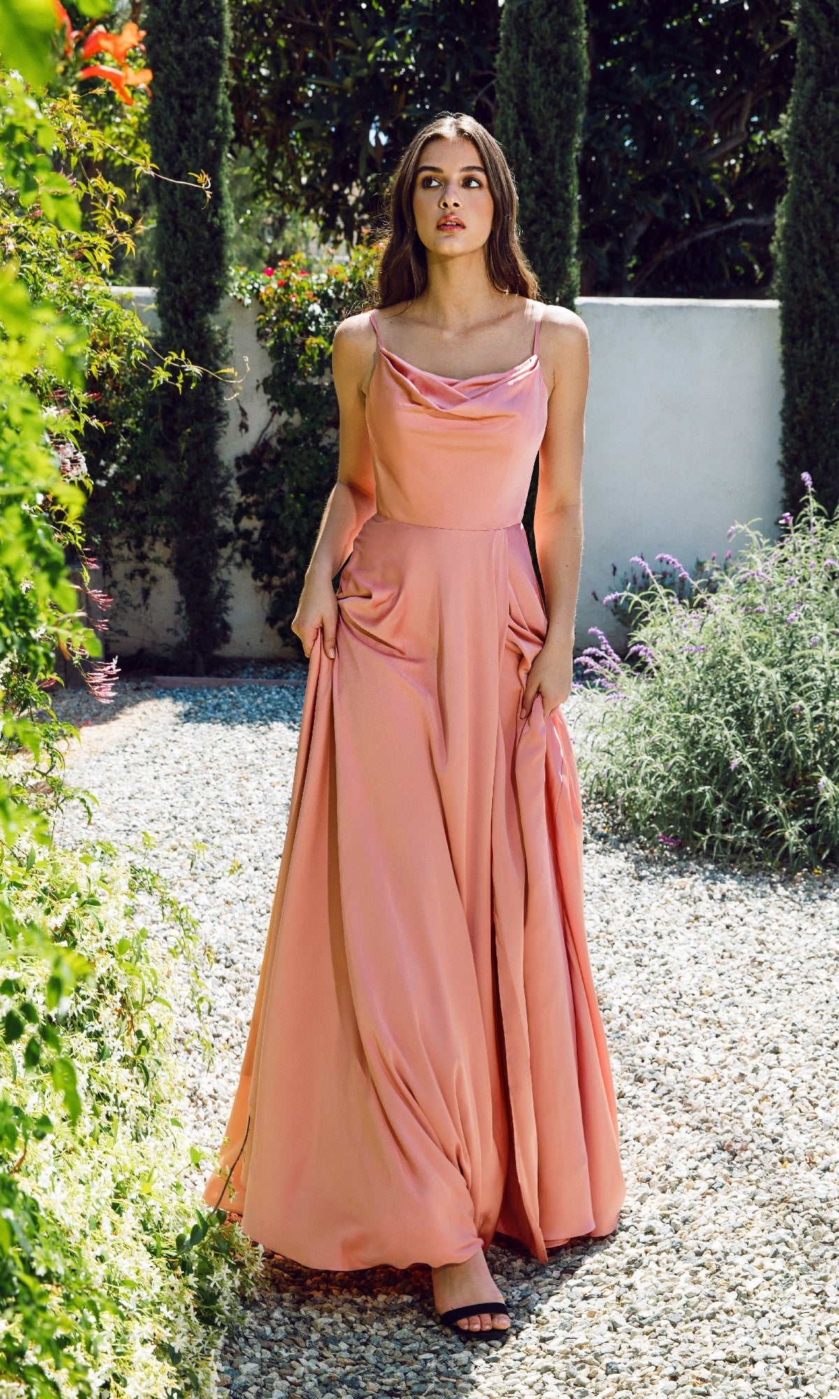 Cowl-Neck Long Satin Formal Dress: Eureka 9916 Desert Coral / XSmall Cowl-Neck Long Satin Formal Dress: Eureka 9916 Desert Coral / XSmall