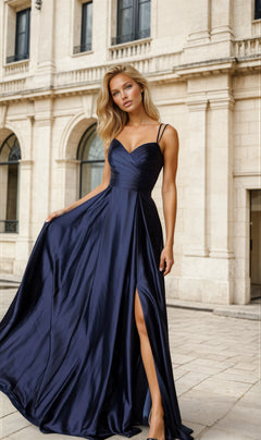 A woman models the Eureka 9925 Strappy-Back Long Satin Prom Dress in navy blue, featuring spaghetti straps and a thigh-high slit, against a plain white background.