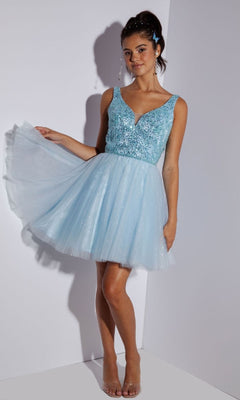 A young woman stands against a white wall, wearing the Eureka 9926 Glitter-Bodice Short A-Line Hoco Dress featuring a sleeveless sequin bodice, light blue tulle skirt, and clear high-heeled shoes.