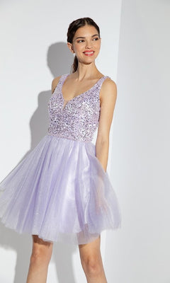 A woman smiles and looks to the side, modeling the Eureka 9926 Glitter-Bodice Short A-Line Hoco Dress—a sleeveless lilac cocktail dress with a sequin bodice and tulle skirt—against a white background.