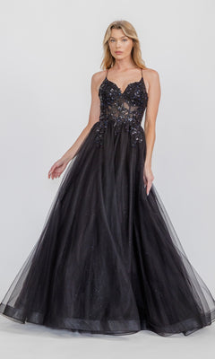 A woman wears the Eureka 9960 Lace-Up Corset Long Prom Ball Gown, a sleeveless black floor-length dress with a fitted bodice and sequin embellishments, standing against a plain light background.