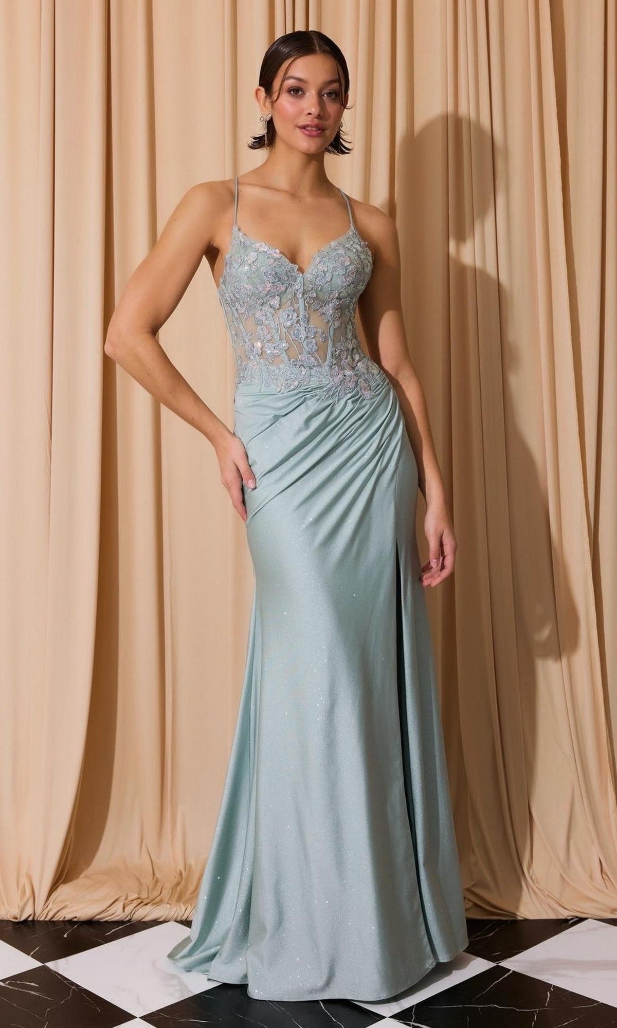 Lace-Up Long Glitter Prom Dress with Floral Bodice Red / XLarge