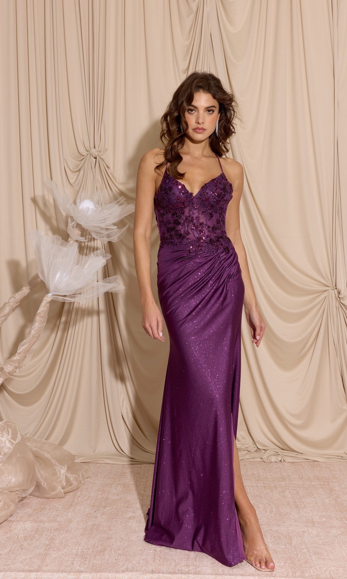 Lace-Up Long Glitter Prom Dress with Floral Bodice Starry Blue / Small