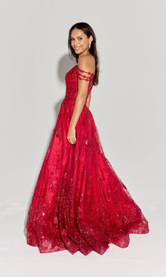 A woman stands in profile wearing the Eureka 9980 Long Glitter-Tuller A-Line Prom Dress with sequin details, posed against a plain light background.