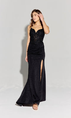 A woman models the Long Glitter-Satin Prom Dress Eureka 9989, featuring an embroidered corset bodice and thigh-high slit, against a plain light background.