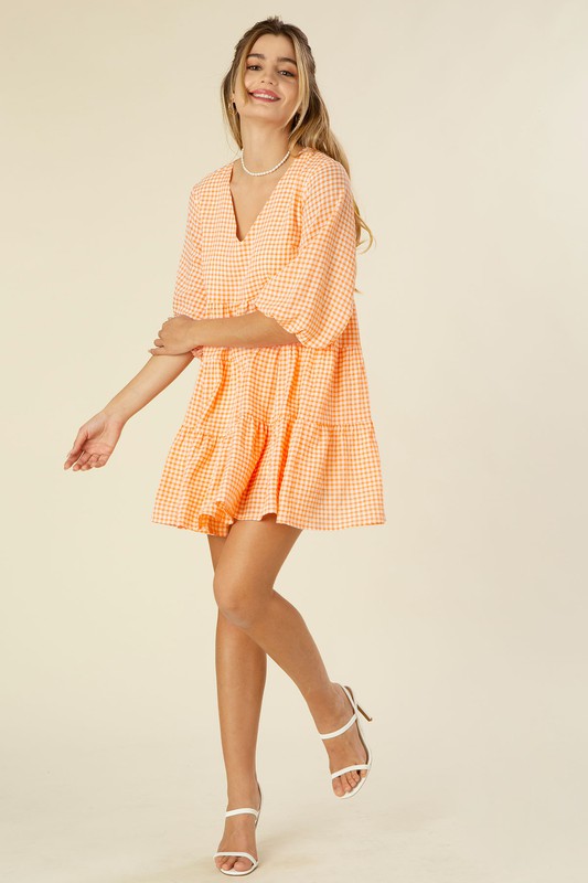 Short Gingham Print Tiered Casual Dress FGDR31L009
