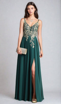 Woman wearing the Lace-Up Open-Back Long Prom Dress: Chicas C5124, featuring gold floral embroidery, holding a gold clutch against a plain light background.