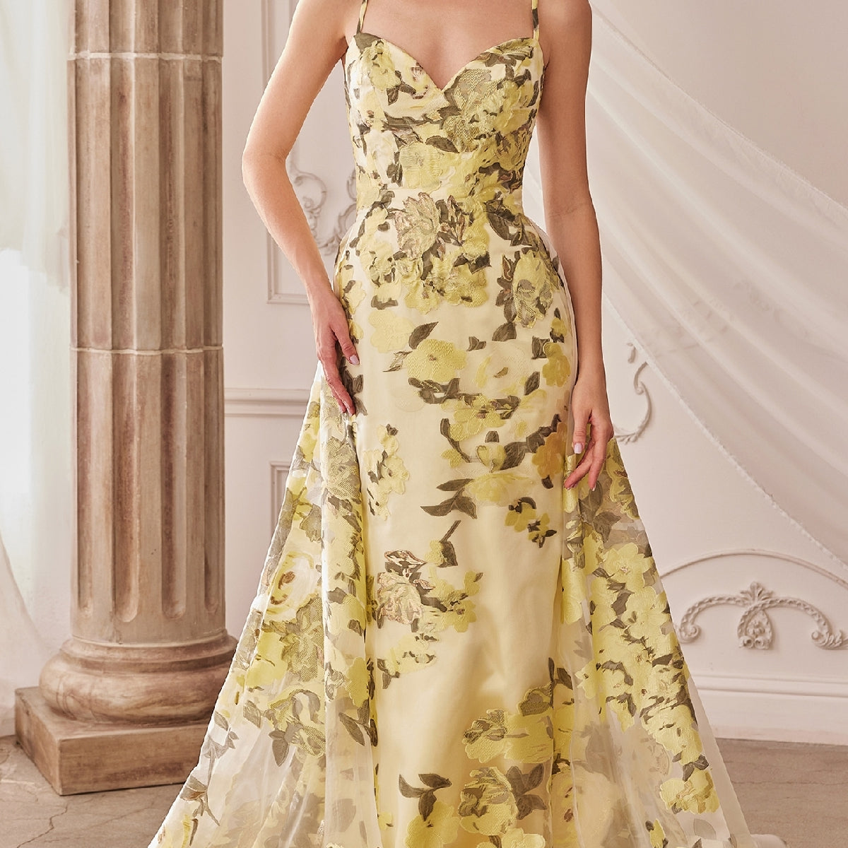 Floral-Print Lemon Yellow Long Prom Dress