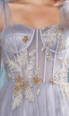Close-up of the Shoulder-Bow Long Corset Prom Ball Gown A0824 in lavender sheer fabric, featuring a corset bodice decorated with silver and gold sequin leaf and star embellishments.