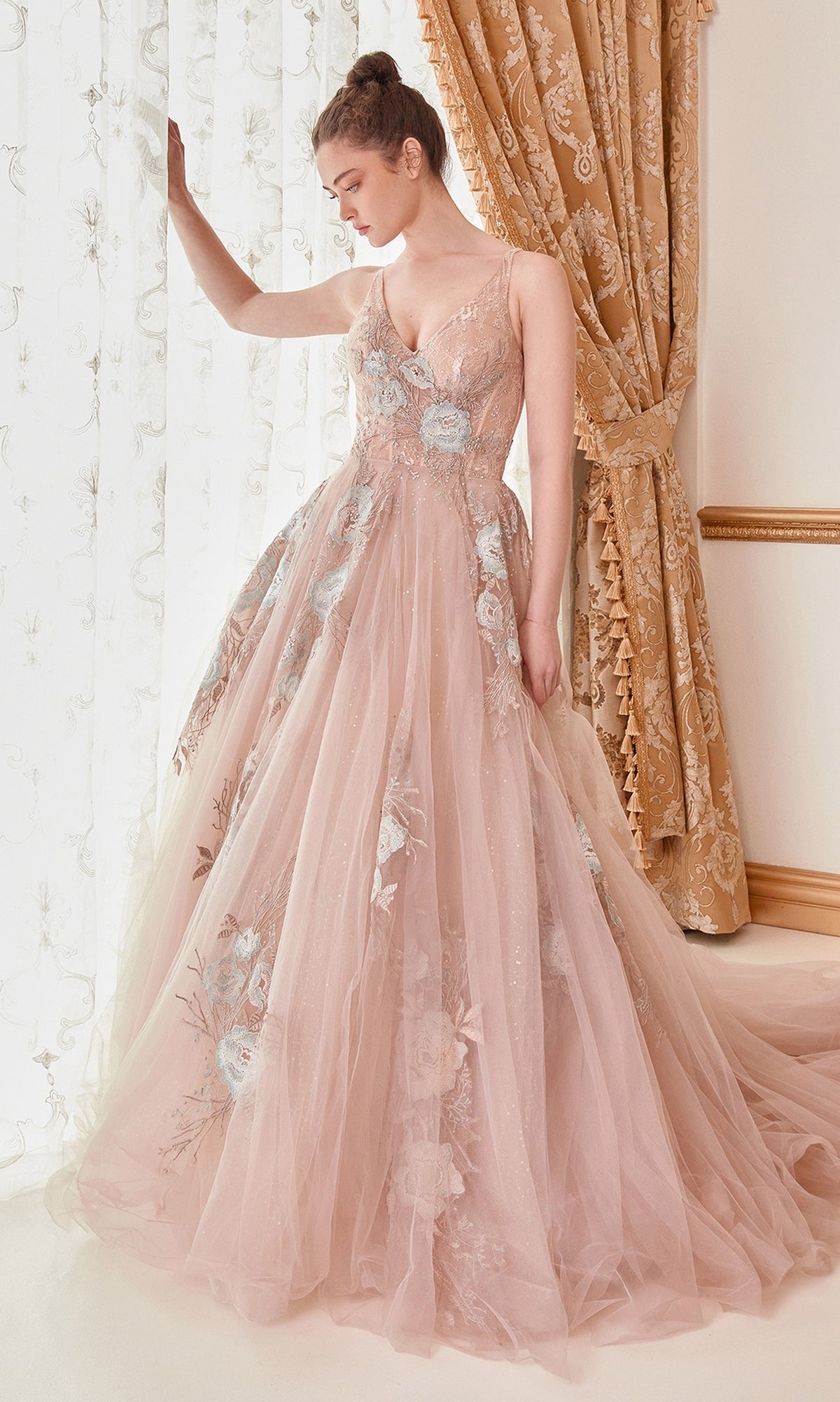 Floral-Embroidered Long Prom Ball Gown A0893