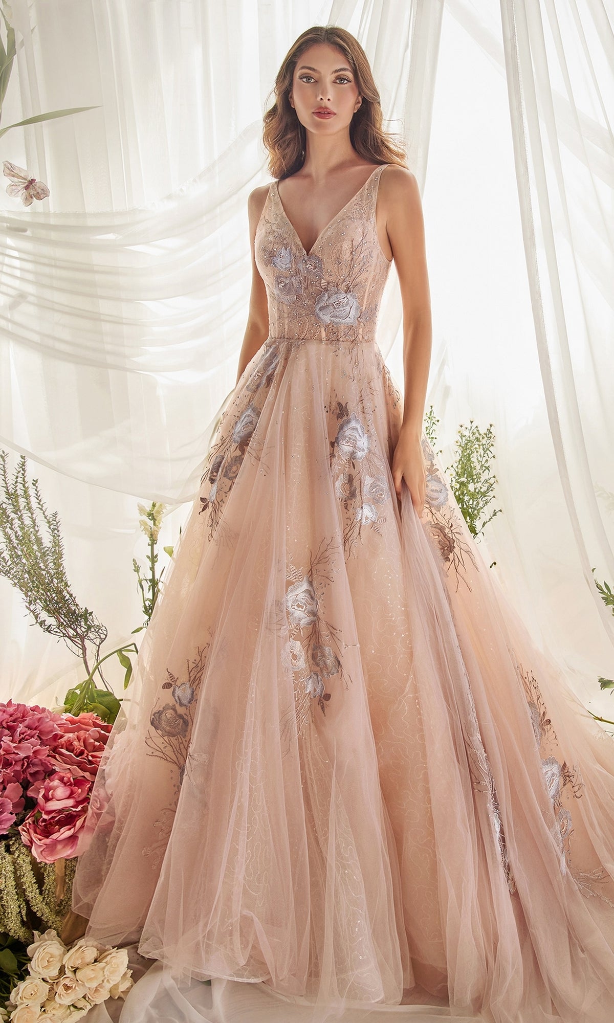 Long Prom Ball Gown with Beaded Flowers