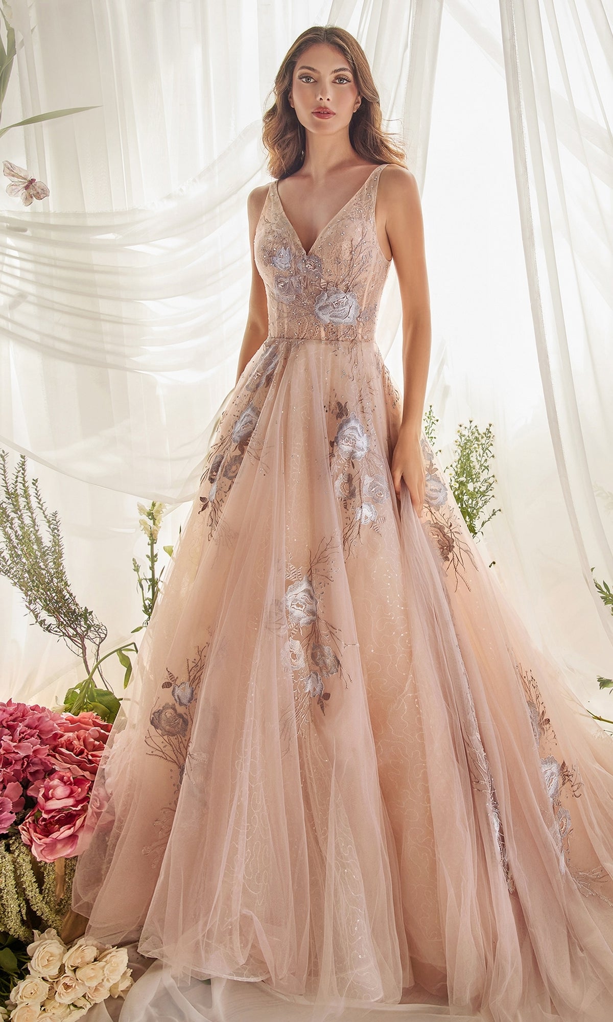 Floral-Embroidered Long Prom Ball Gown A0893