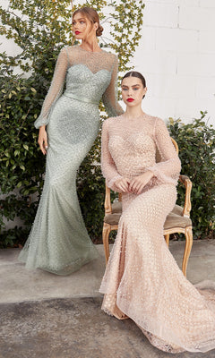 Two women showcase the Pearl-Embellished Long Sleeve Formal Dress CLA0997 before lush greenery and a white wall; one woman sits in a chair while the other stands beside her.