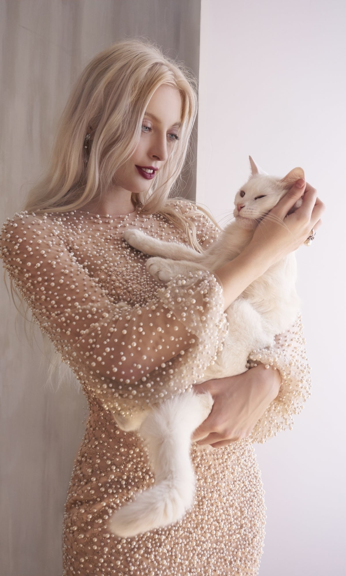 slim fit dress slacks Pearl-Embellished Long Sleeve Formal Dress A0997 Blush / 2