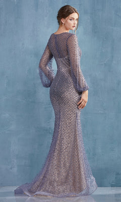 A woman poses in front of a blue textured wall, wearing the Pearl-Embellished Long Sleeve Formal Dress CLA0997 and looking over her shoulder.