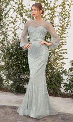 A woman stands outdoors in the Pearl-Embellished Long Sleeve Formal Dress CLA0997, a light blue gown featuring pearl details, sheer sleeves, and a fitted silhouette; green foliage and a white wall form the backdrop.