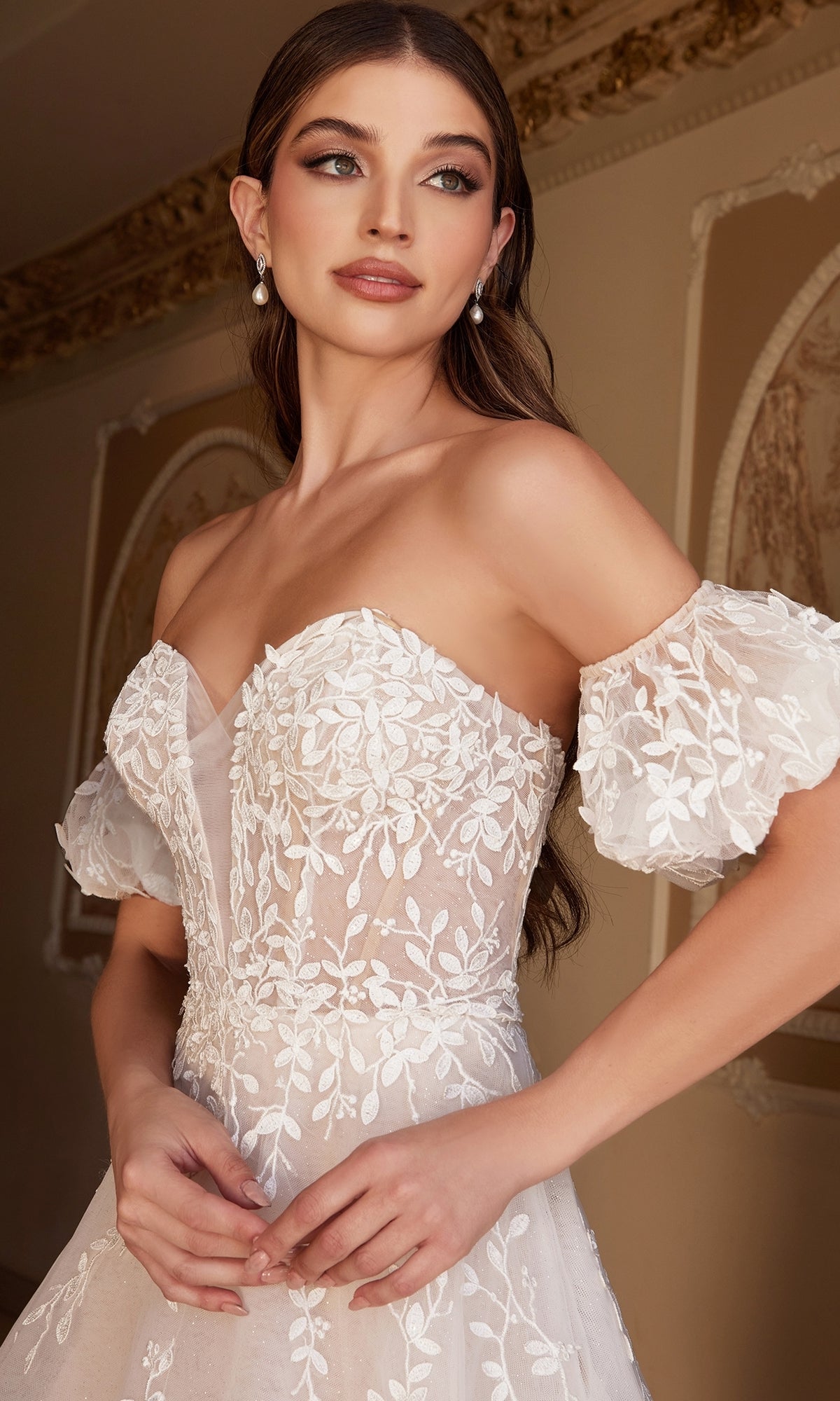 Puff-Sleeve Long White Wedding Dress A1014