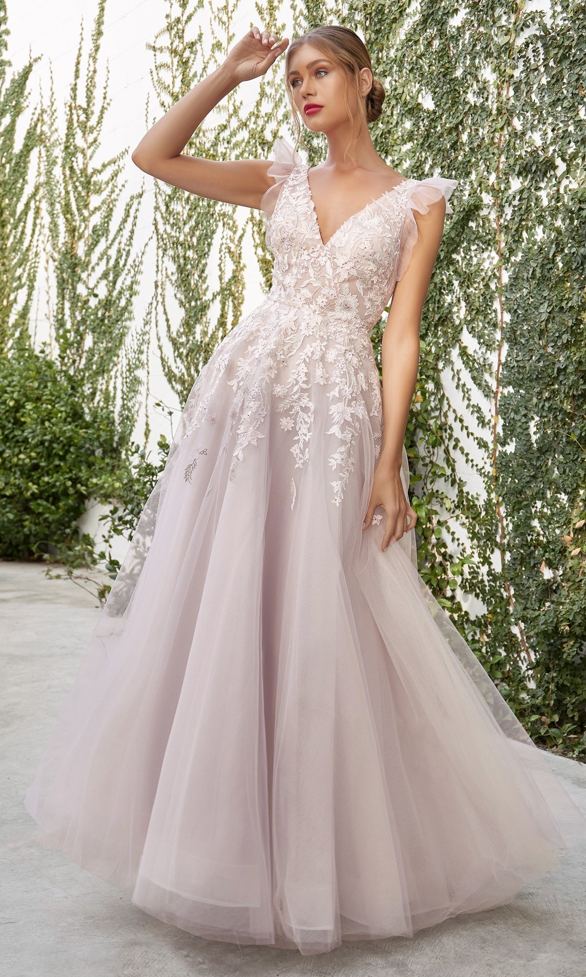 Pale Pink Ruffle-Shoulder Prom Ball Gown A1018