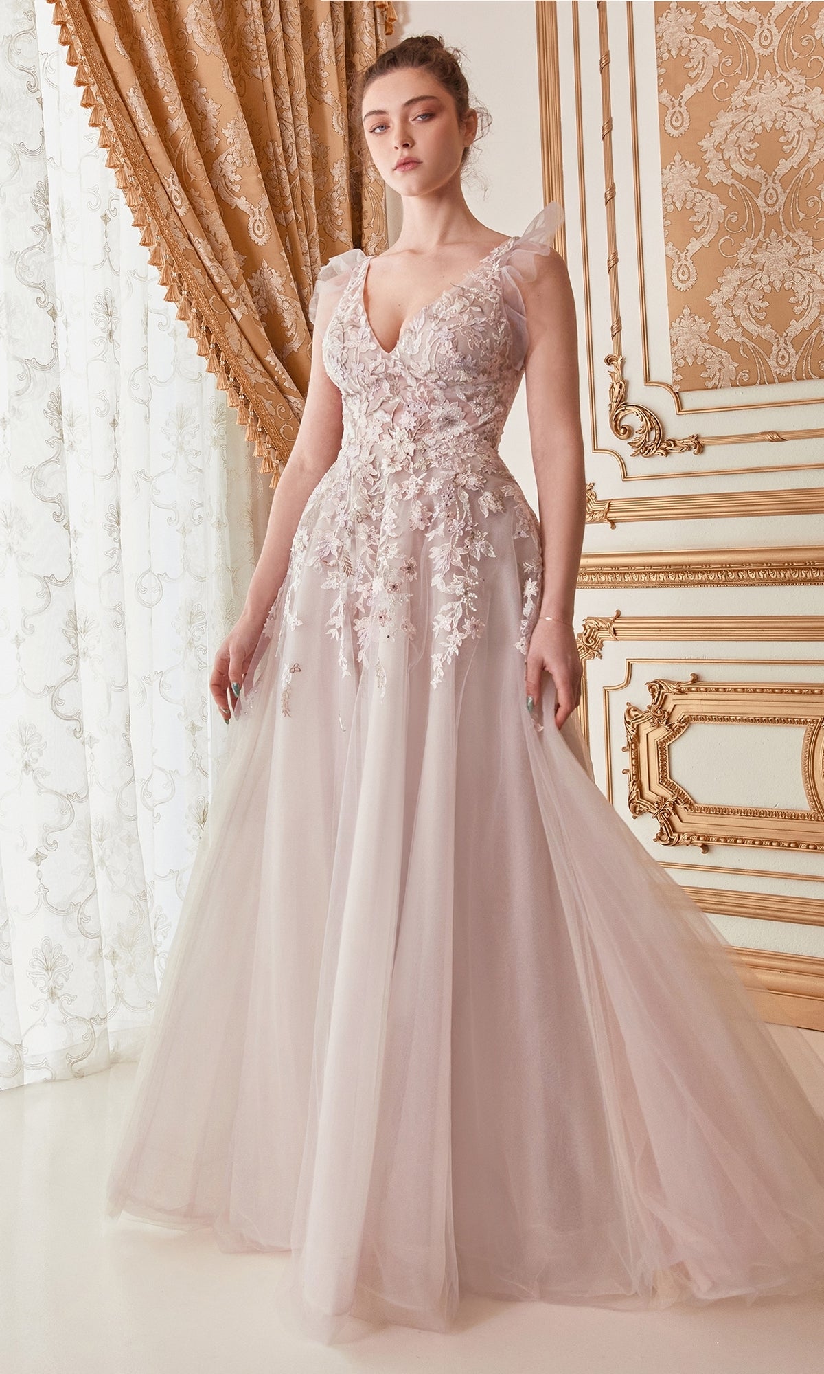 Pale Pink Ruffle-Shoulder Prom Ball Gown A1018