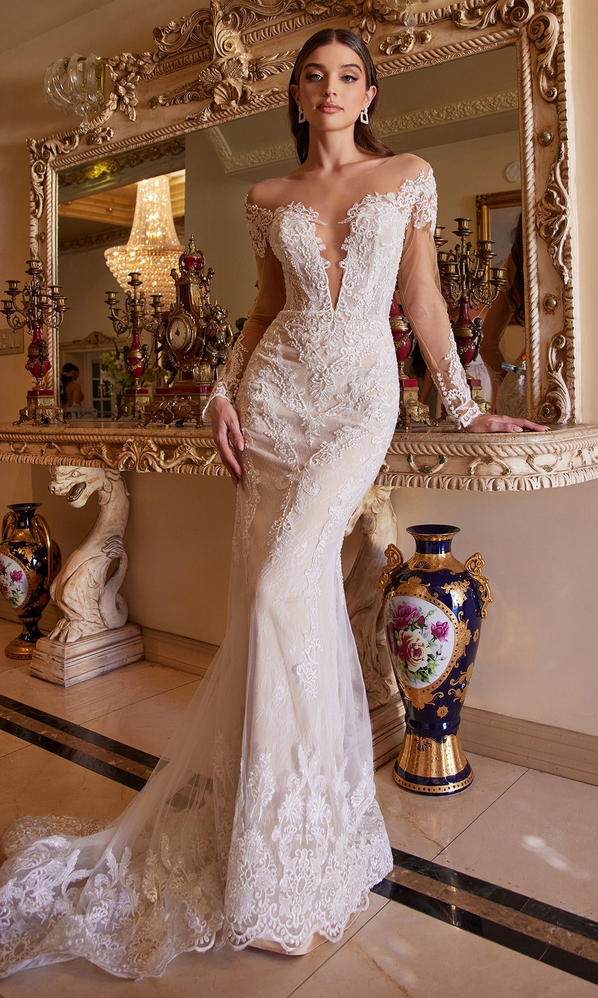 Backless White Lace Wedding Gown with Long Sleeves Off White / 6