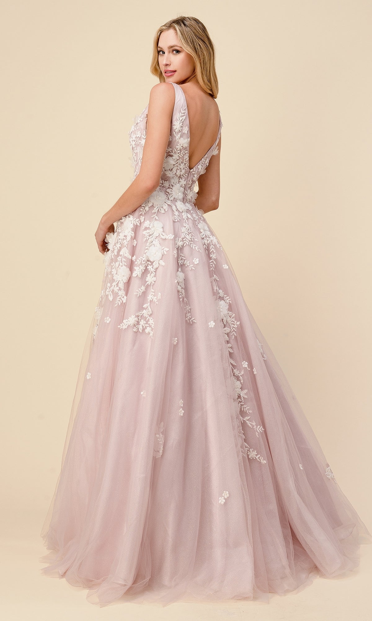 Plunging V-Neck Long Floral Prom Ball Gown A1028
