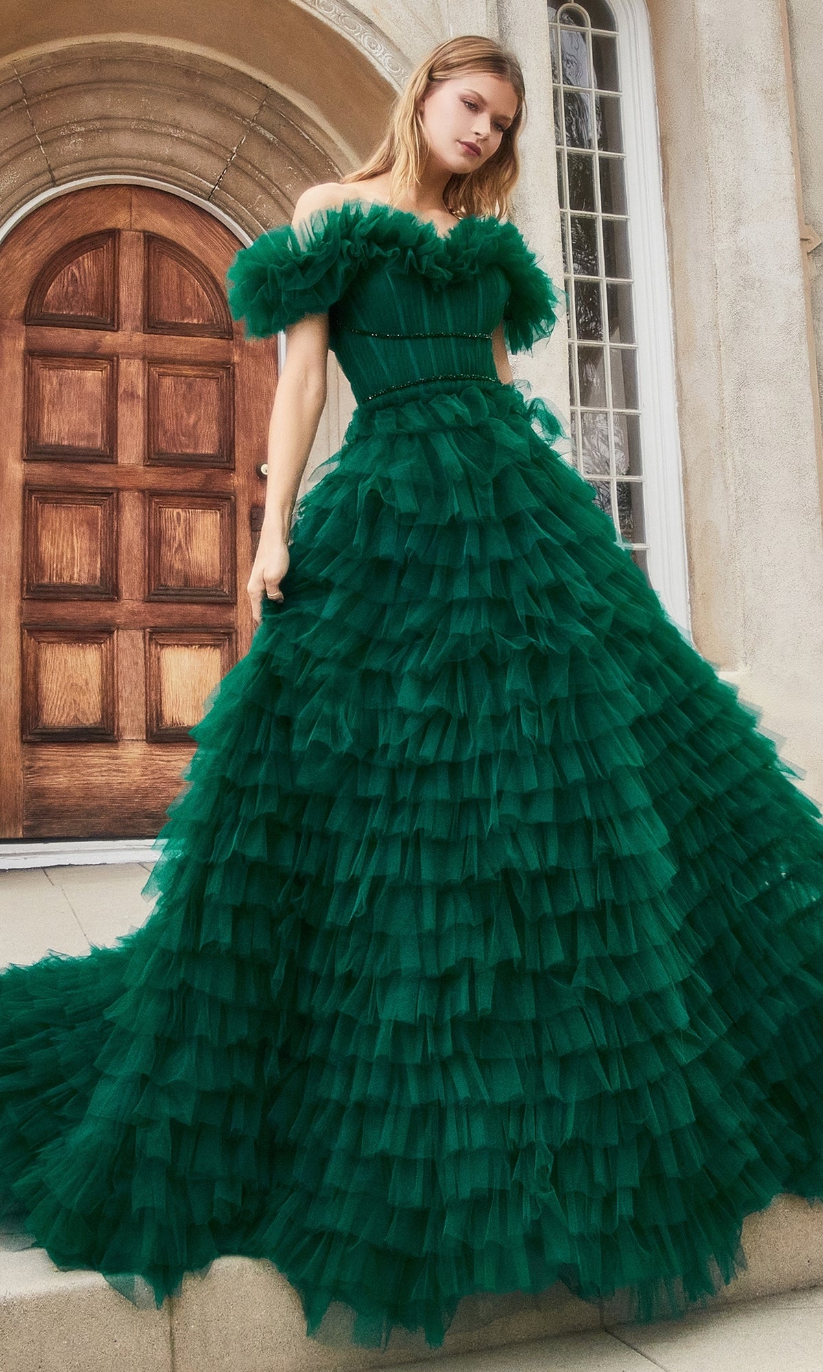 Off-the-Shoulder Long Ruffled Ball Gown A1032