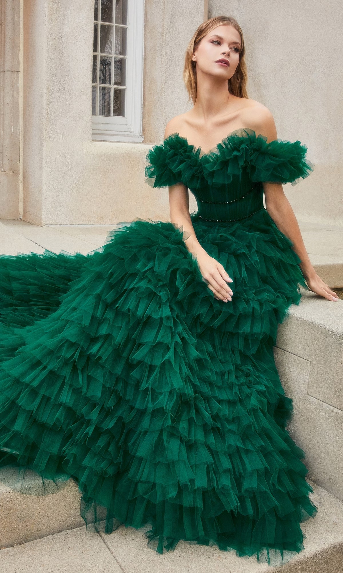 Off-the-Shoulder Long Ruffled Ball Gown A1032