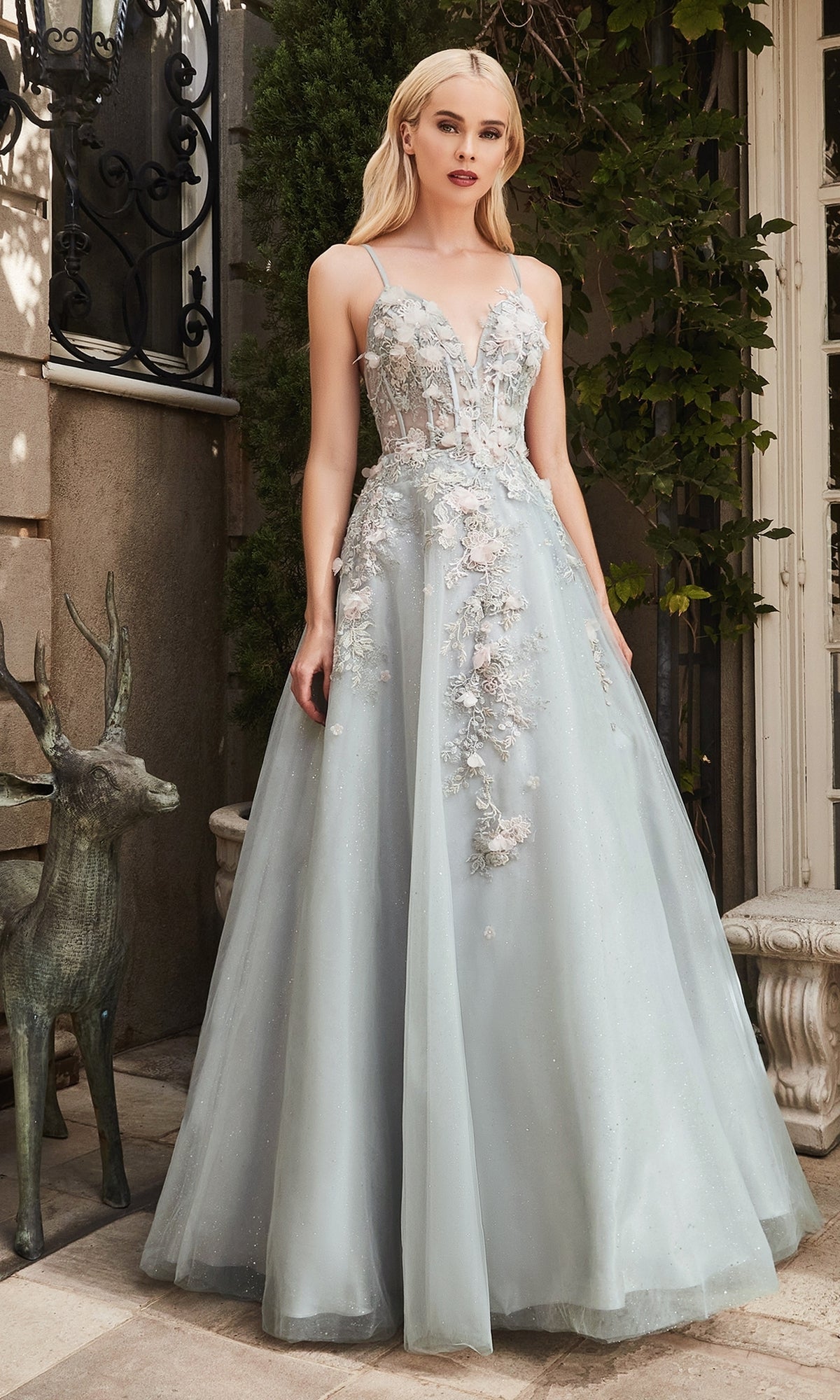 Embroidered-Corset Long Green Prom Ball Gown A1040