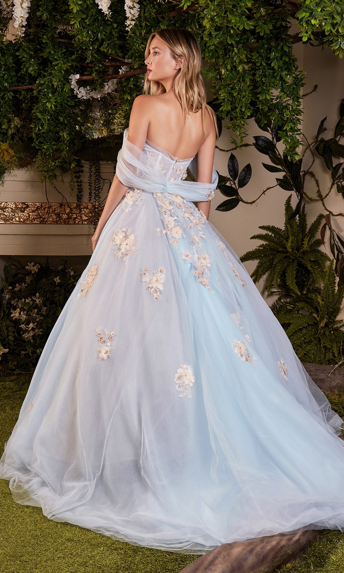 Off-Shoulder Long Blue Floral Prom Ball Gown A1048