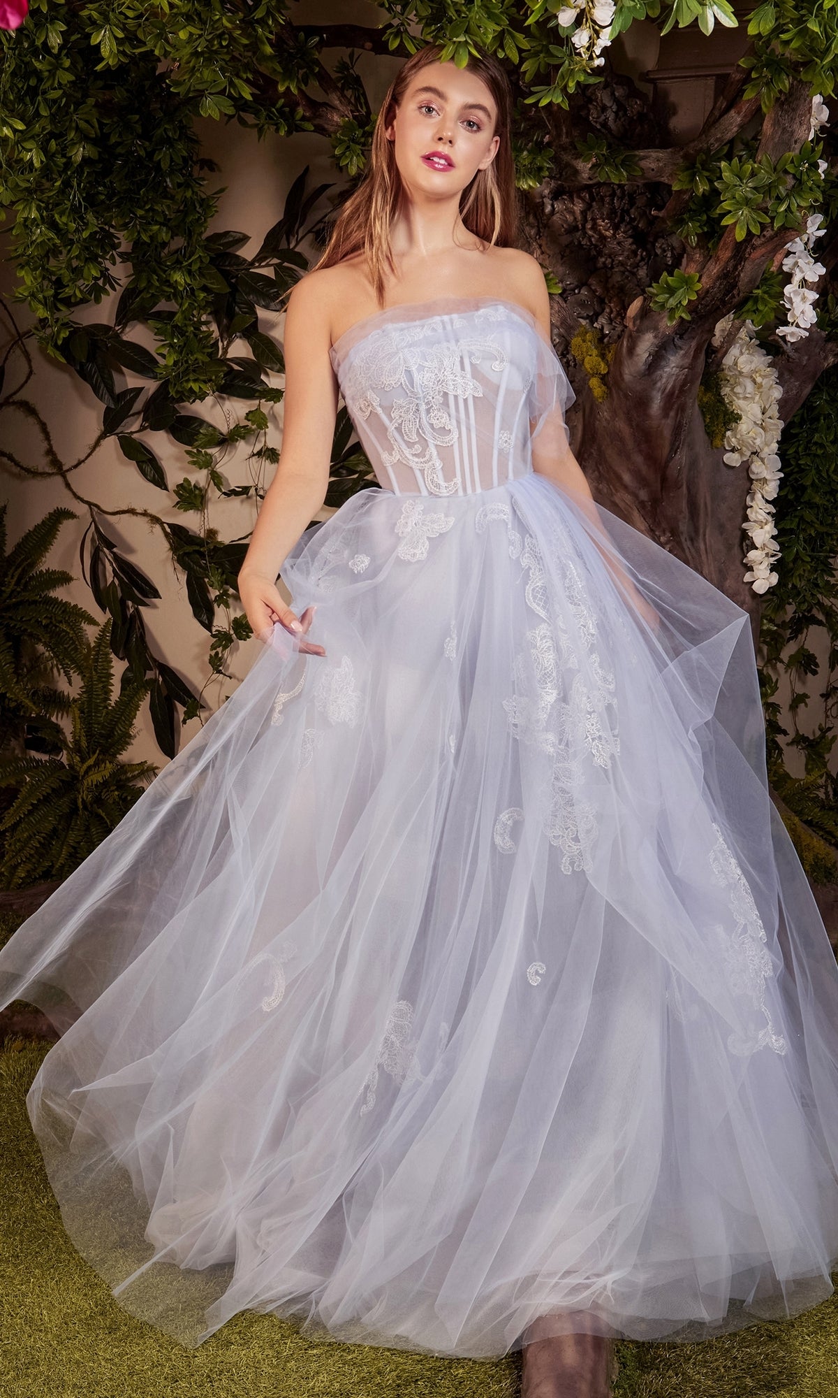 Strapless Sheer-Corset Long Prom Ball Gown A1050