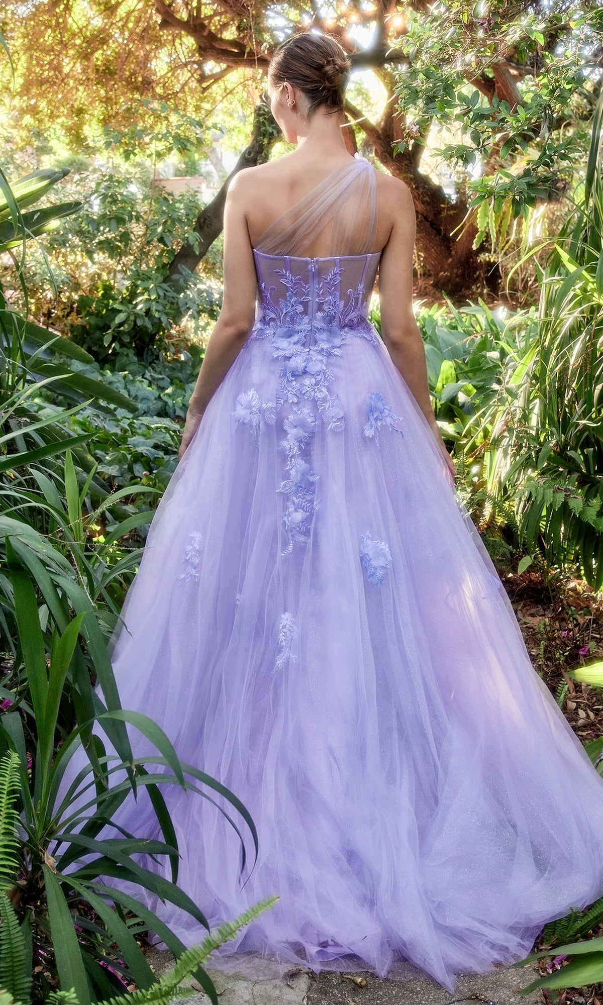 Sheer-Bodice One-Shoulder Long Prom Gown