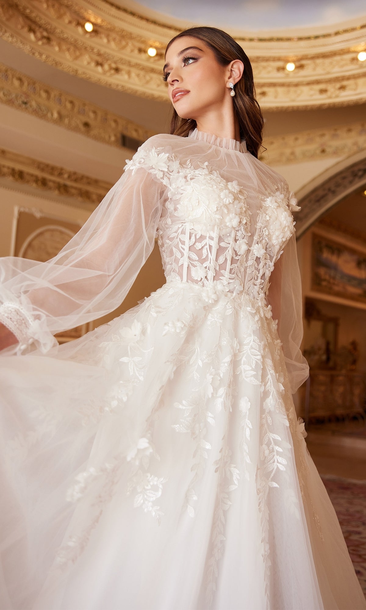 Sheer-Sleeve White Wedding Dress A1074W