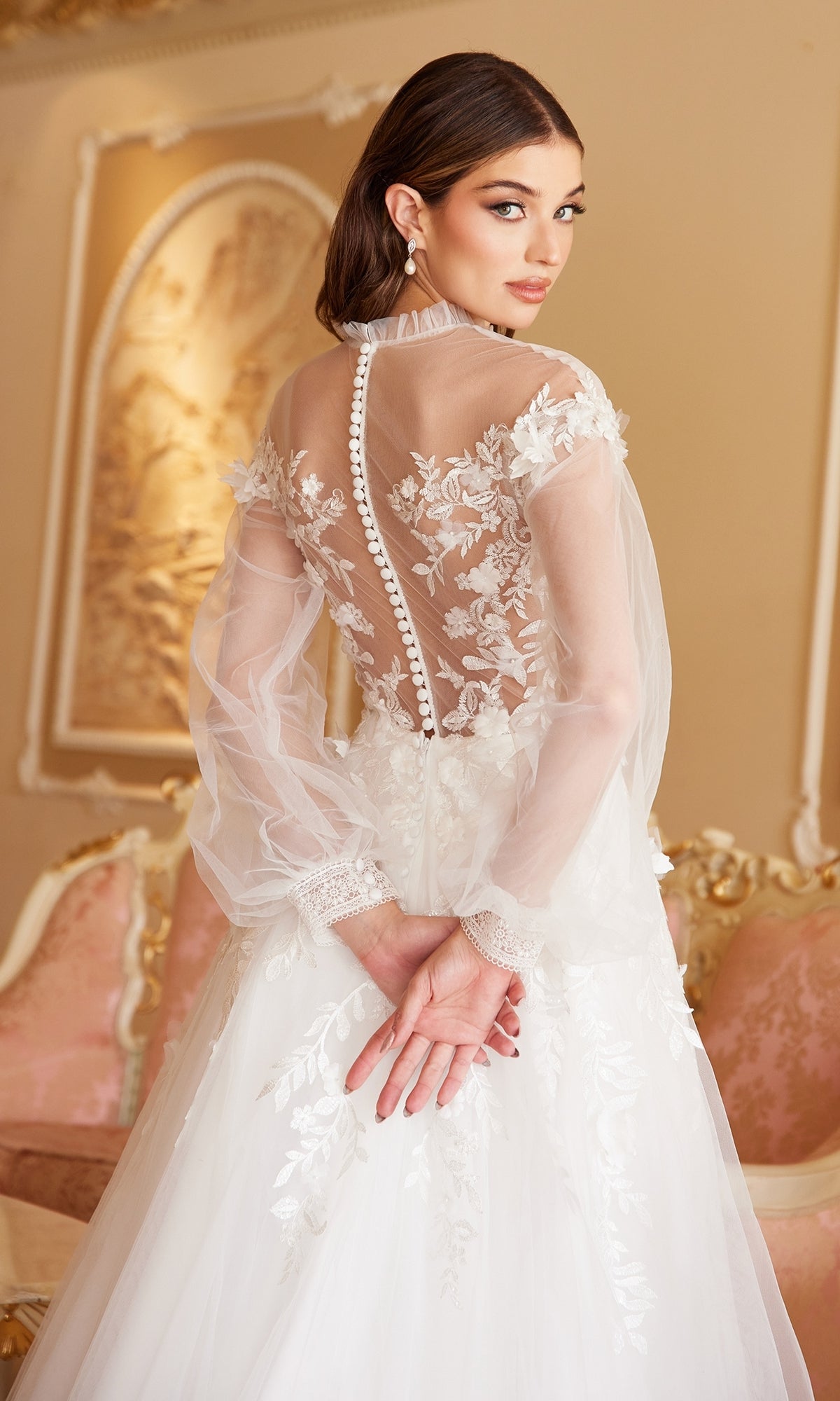 Sheer-Sleeve White Wedding Dress A1074W