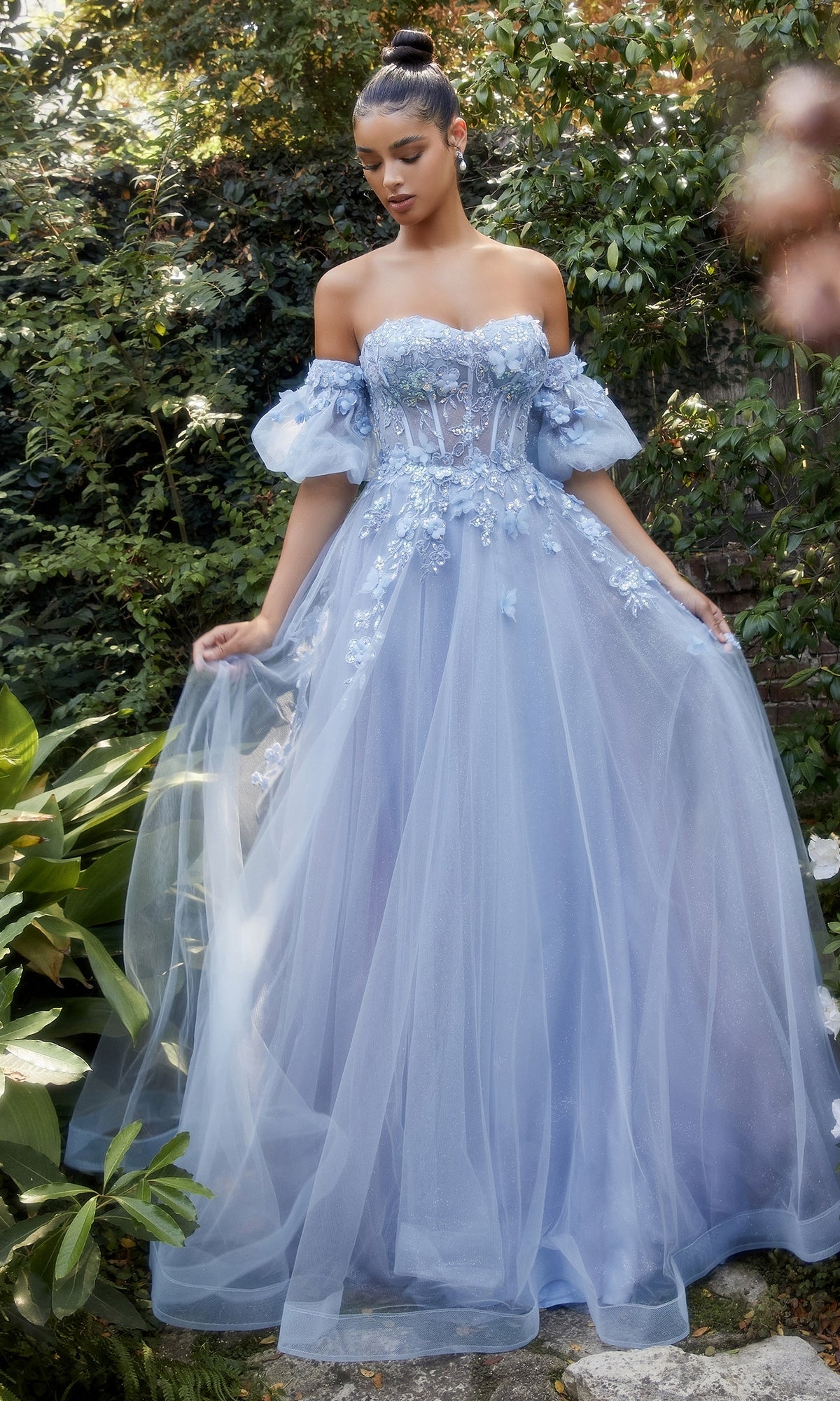 Strapless Puff-Sleeve Long Prom Dress A1108