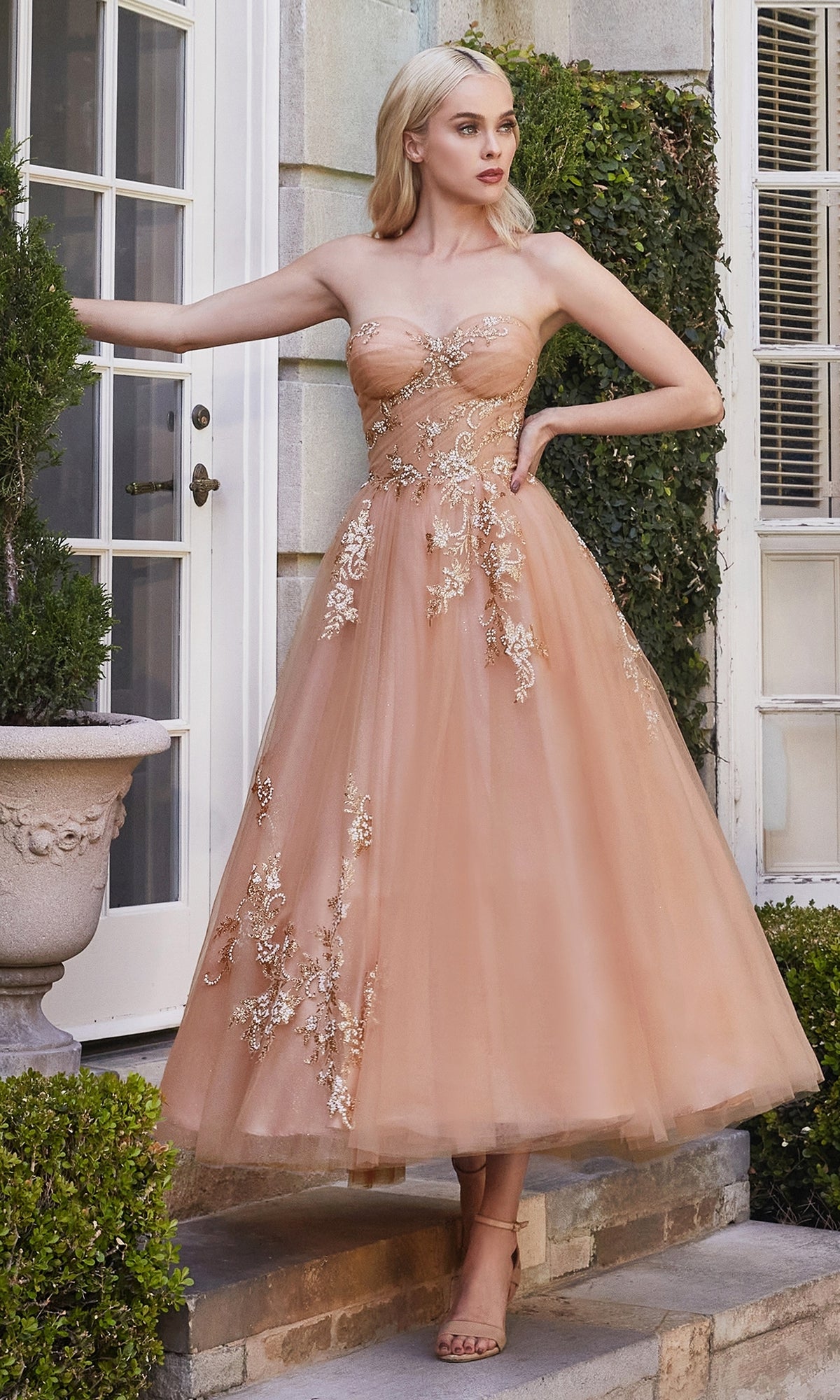 Rose Gold Strapless Tea-Lenth Prom Dress A1114