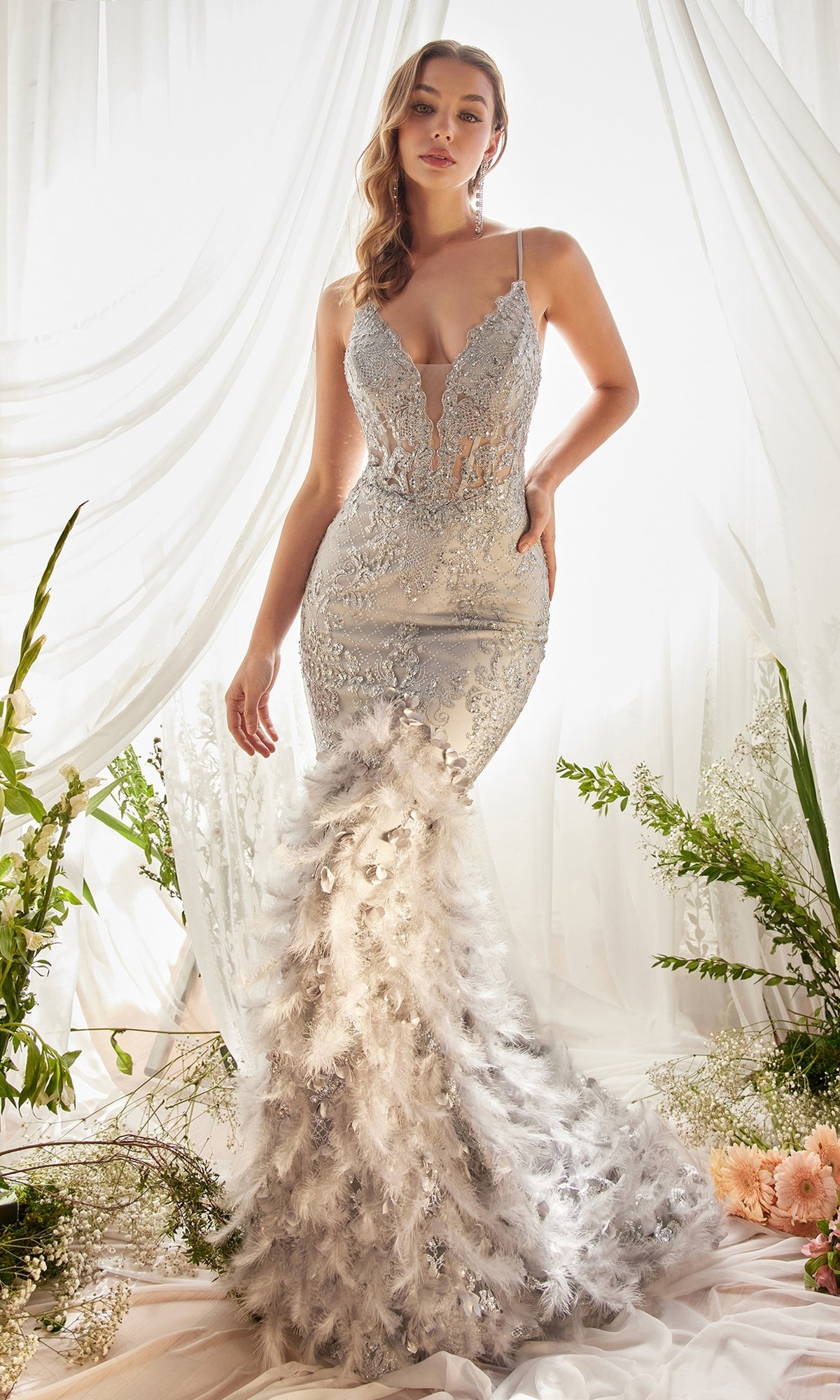 Long Mermaid Formal Gown with Feathers A1116