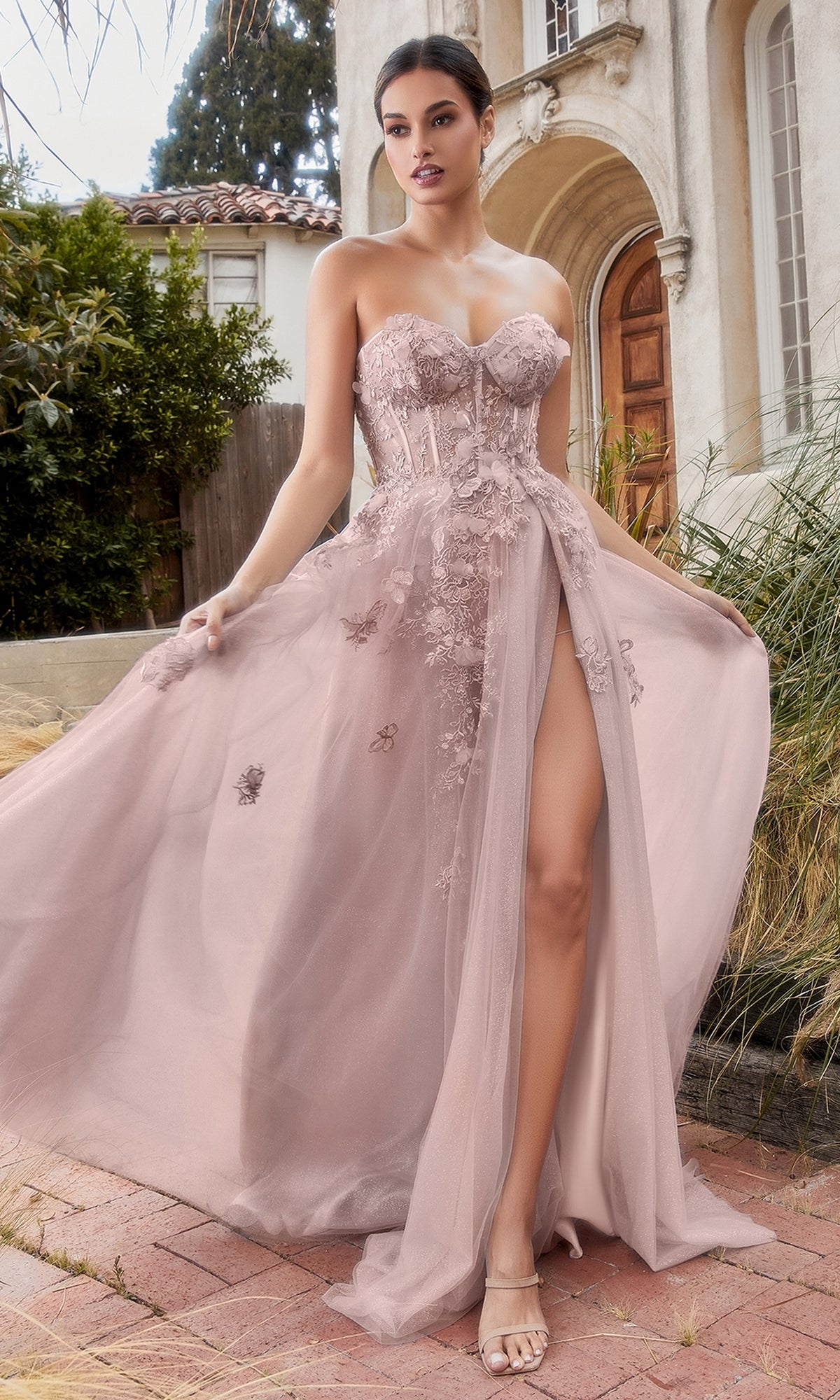 Dusty Rose V-Neck Lace Tulle A-Line Prom Dress | JLDressCA
