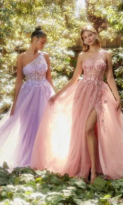 Two women stand outdoors in a garden, each wearing the Sheer-Bodice One-Shoulder Prom Ball Gown A1140—one in lavender and one in pink—with floral details and sheer fabric, radiating elegance for any formal occasion.