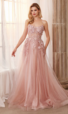A woman stands in a room wearing the Flower-Embellished Long Tulle Prom Ball Gown A1142, featuring blush pink tulle, sheer straps and waist, and floral lace appliqué on the bodice and skirt.