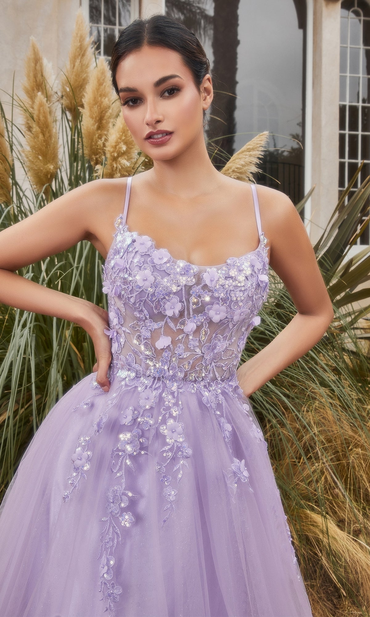 Flower-Embellished Long Tulle Prom Ball Gown A1142